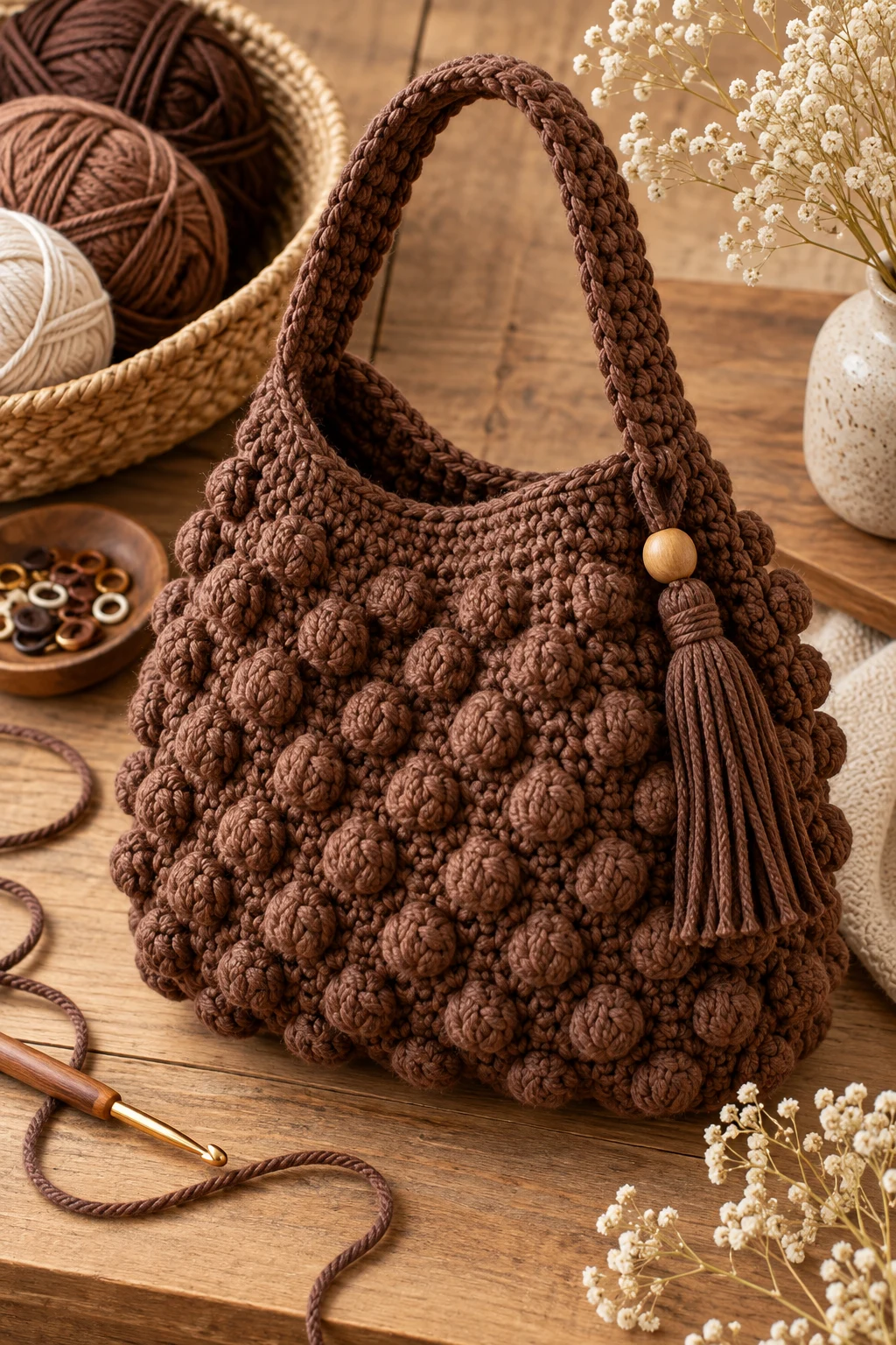 Textured Bobble Bag — brown crochet bag style outfit