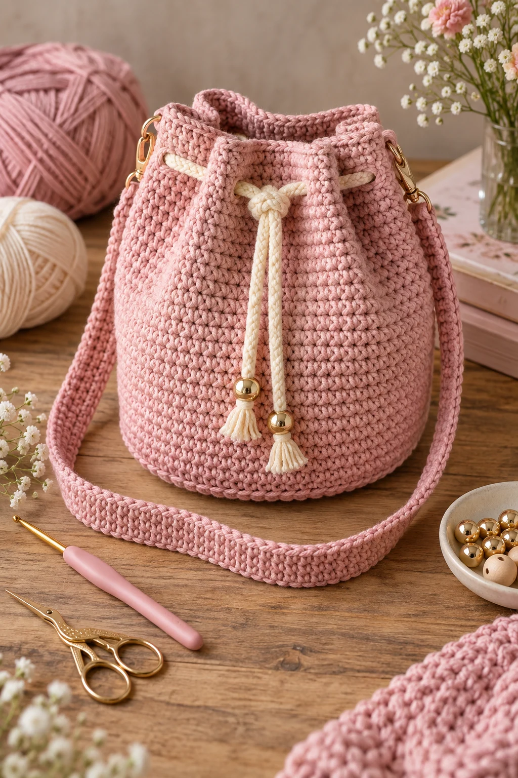 Blush Pink Drawstring Bucket Bag Crochet — bucket bag crochet style outfit