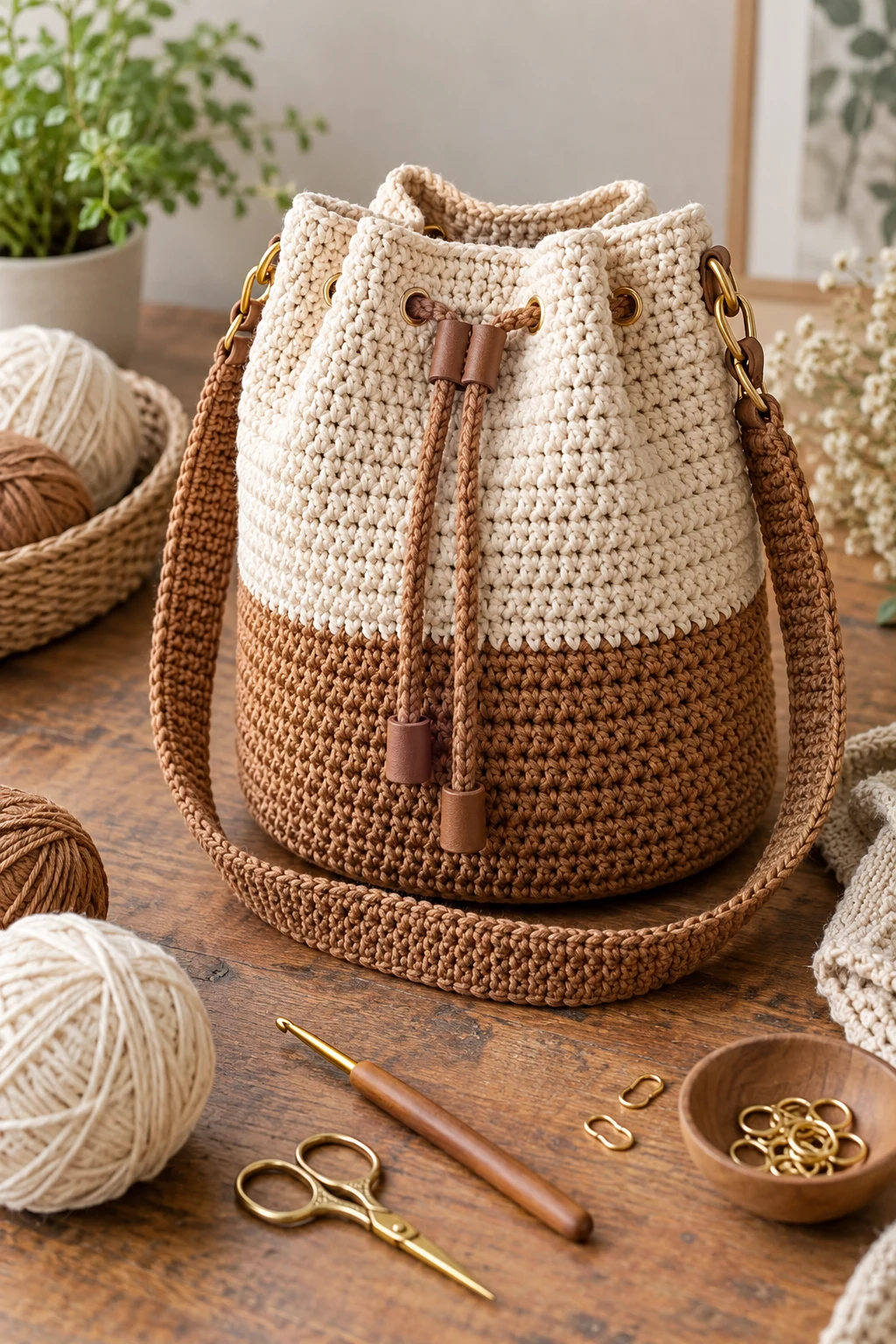 Two-Tone Duffle-Inspired Bucket Bag Crochet — bucket bag crochet style outfit