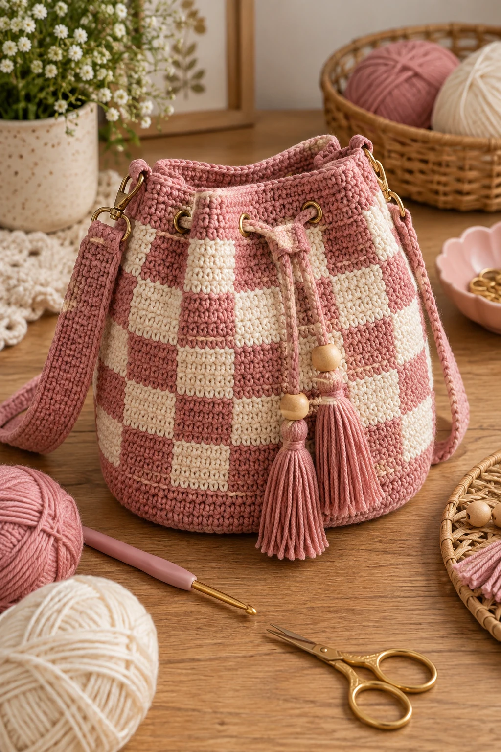 Checkerboard Bucket Bag Crochet — bucket bag crochet style outfit