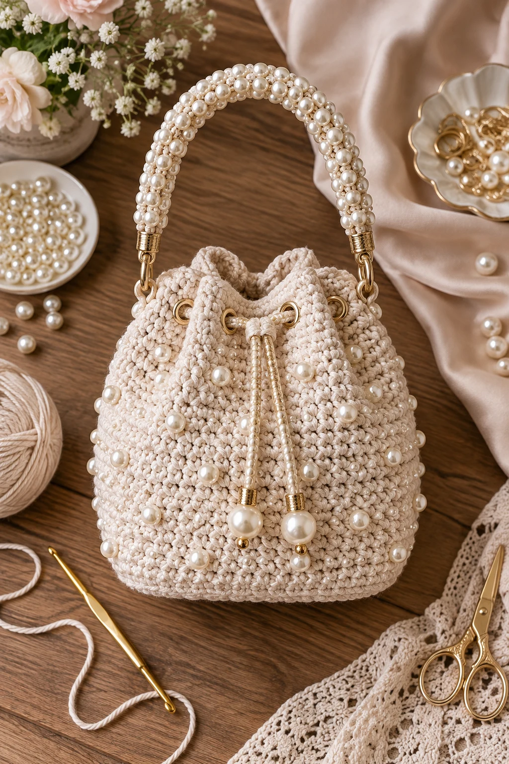 Pearl-Trimmed Evening Bucket Bag — bucket bag crochet style outfit