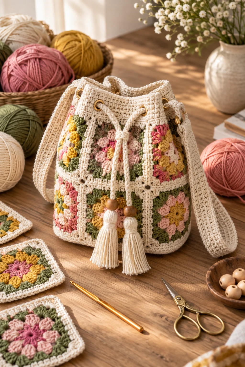 Granny Square Bucket Bag Crochet — bucket bag crochet style outfit