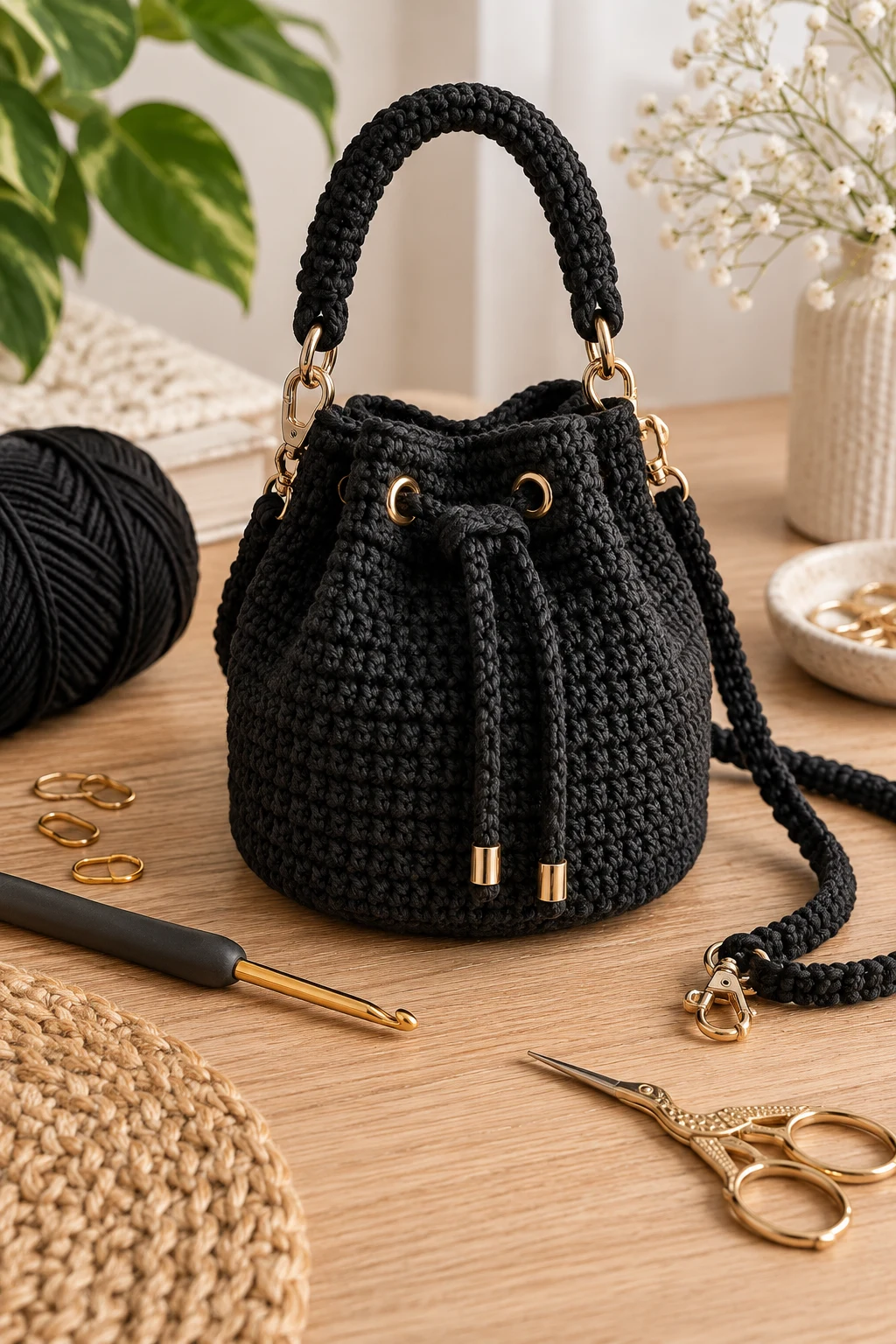Mini Black Bucket Bag Crochet — bucket bag crochet style outfit