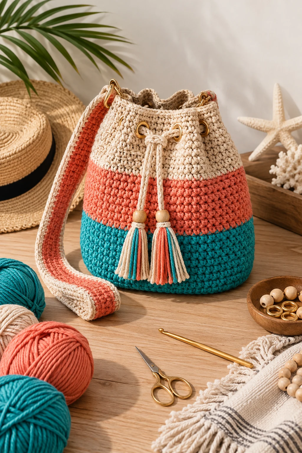 Color-Blocked Beach Bucket Bag — bucket bag crochet style outfit
