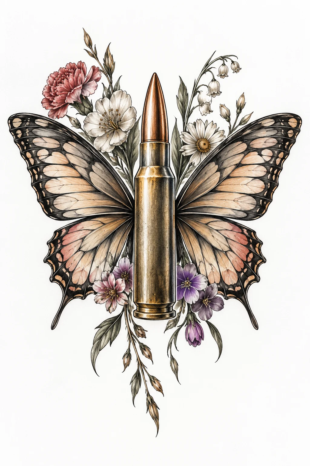 Bullet With Butterfly Wings and Birth Flowers — bullet with butterfly wings tattoo style outfit