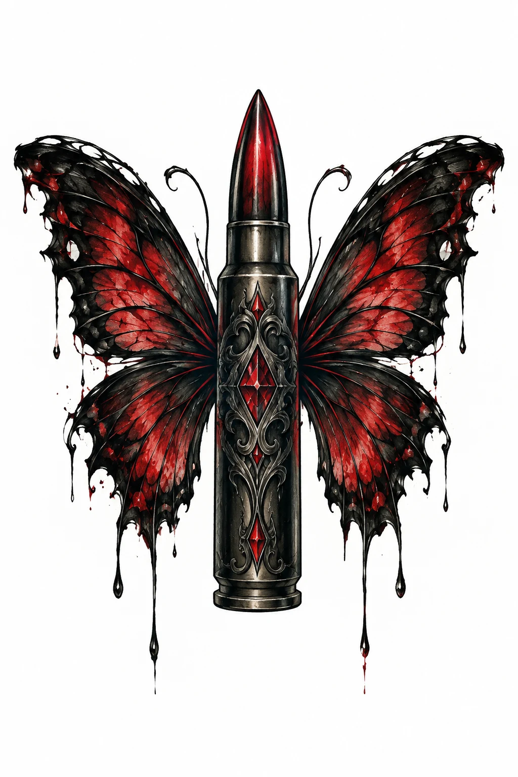 Red and Black Gothic Bullet With Butterfly Wings — bullet with butterfly wings tattoo style outfit