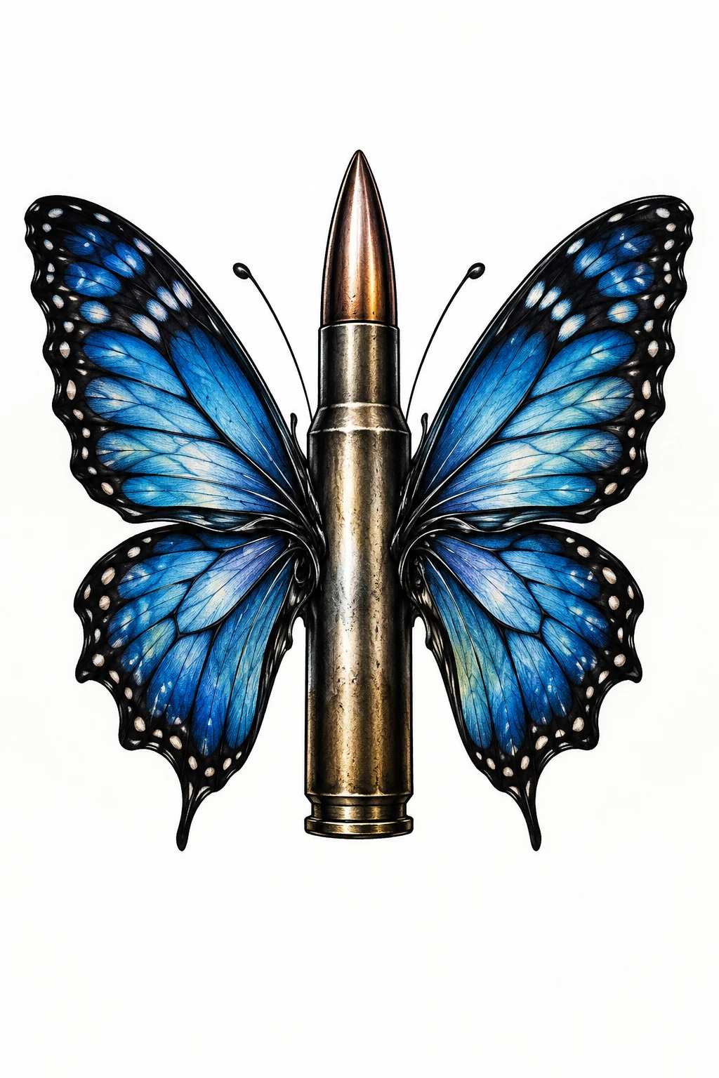 Blue Monarch Bullet With Butterfly Wings Tattoo — bullet with butterfly wings tattoo style outfit