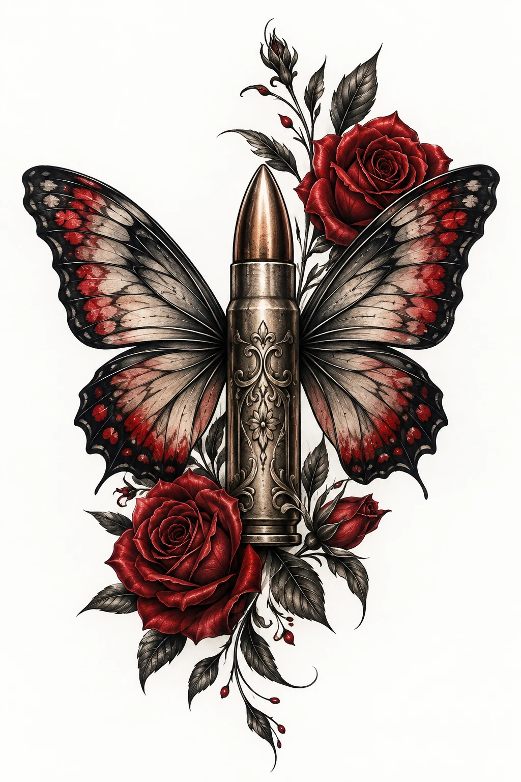 Bullet With Butterfly Wings and Roses — bullet with butterfly wings tattoo style outfit
