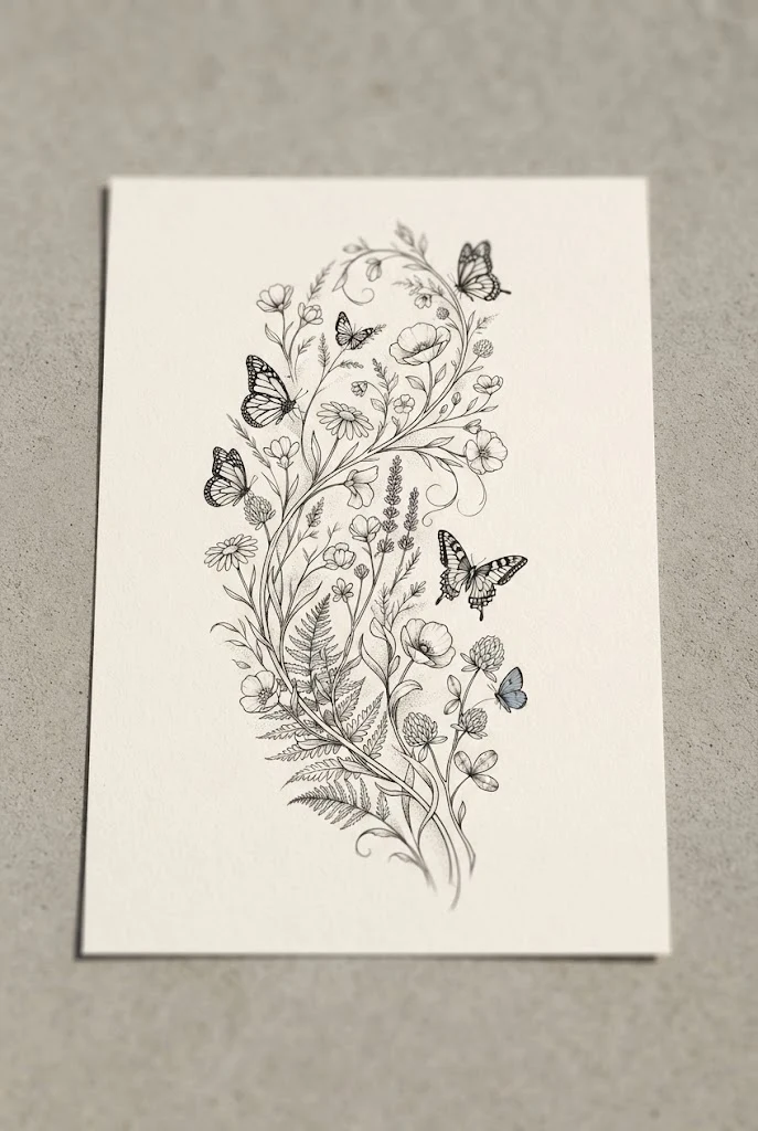 Botanical Meadow Half Sleeve — butterfly and flower tattoo sleeve style outfit