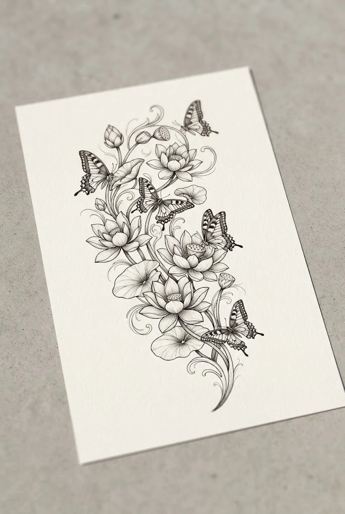 Elegant Lotus and Swallowtail Flow — butterfly and flower tattoo sleeve style outfit