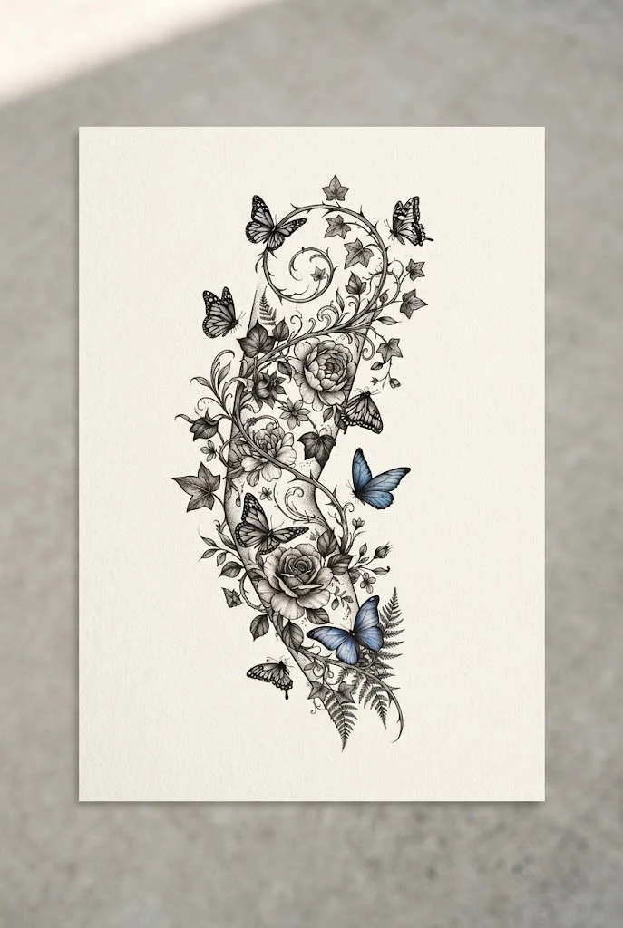 Moody Botanical Arm Wrap — butterfly and flower tattoo sleeve style outfit
