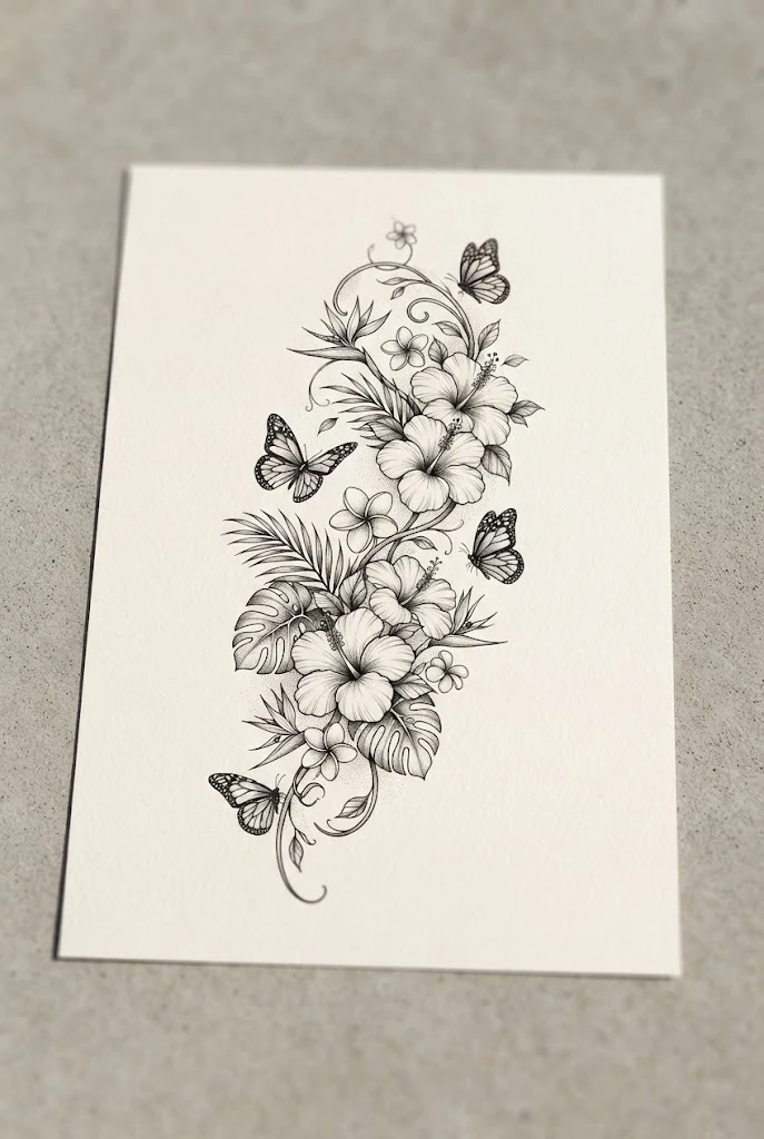 Vibrant Tropical Hibiscus and Monarchs — butterfly and flower tattoo sleeve style outfit