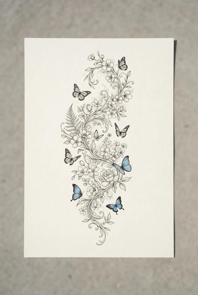 Ethereal Fine-Line Botanical Garden — butterfly and flower tattoo sleeve style outfit