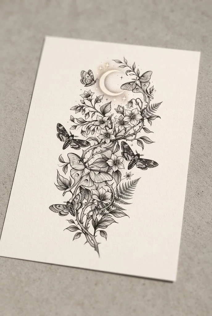 Midnight Nightshade and Moth Symphony — butterfly and flower tattoo sleeve style outfit