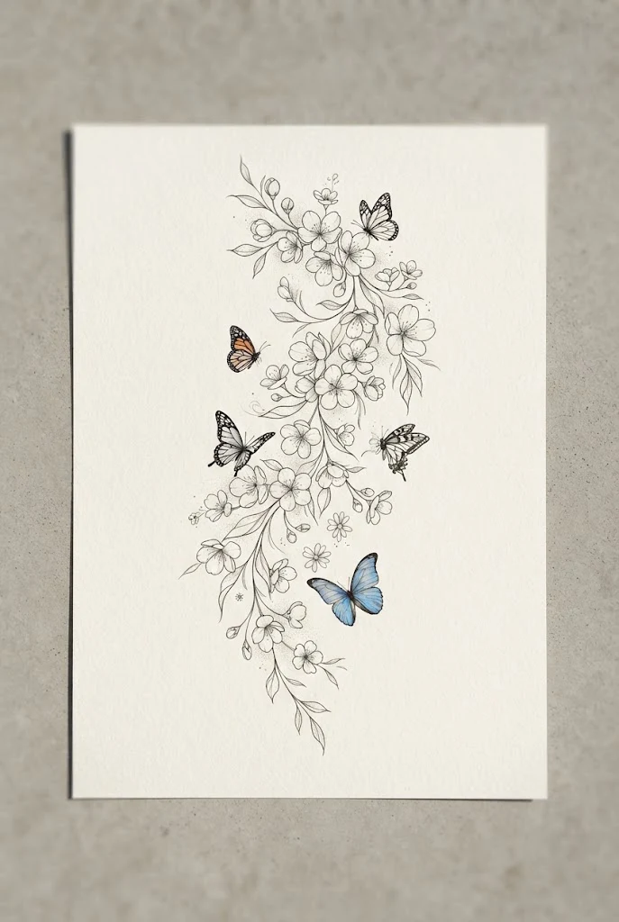 Delicate Spring Blossom Cascade — butterfly and flower tattoo sleeve style outfit