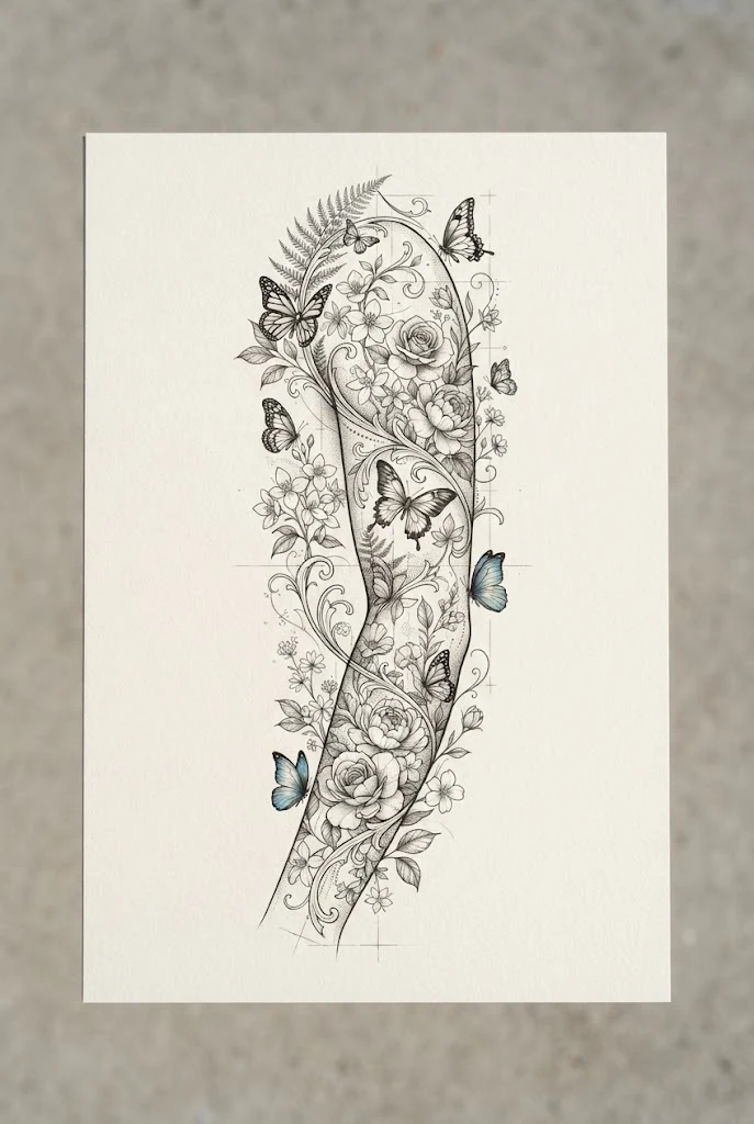 Stenciled Masterpiece Layout — butterfly and flower tattoo sleeve style outfit
