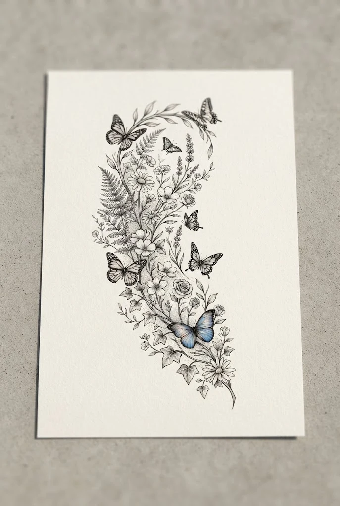 Serene Half Sleeve Forearm Garden — butterfly and flower tattoo sleeve style outfit