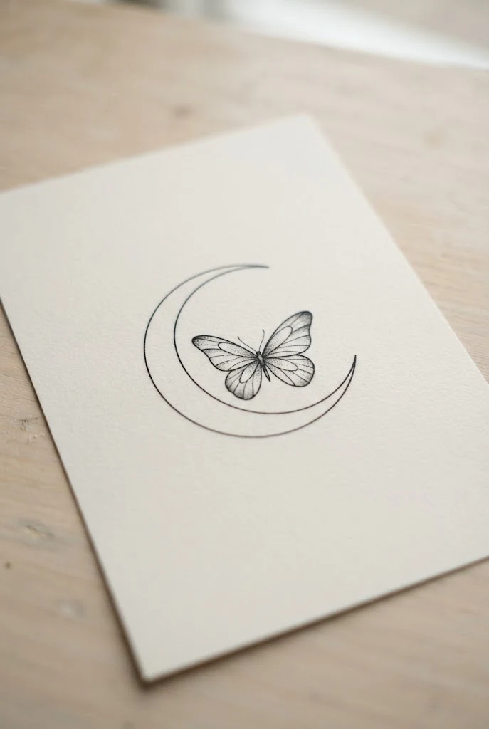 Minimalist Fine-Line Crescent — butterfly and moon tattoo style outfit
