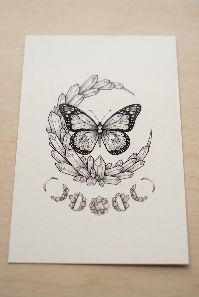 Crystal Cluster Lunar Phase — butterfly and moon tattoo style outfit