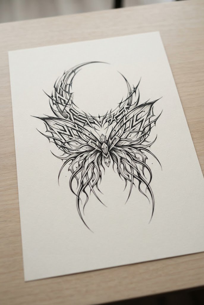 Cyber-Sigilism Futurist Fusion — butterfly and moon tattoo style outfit