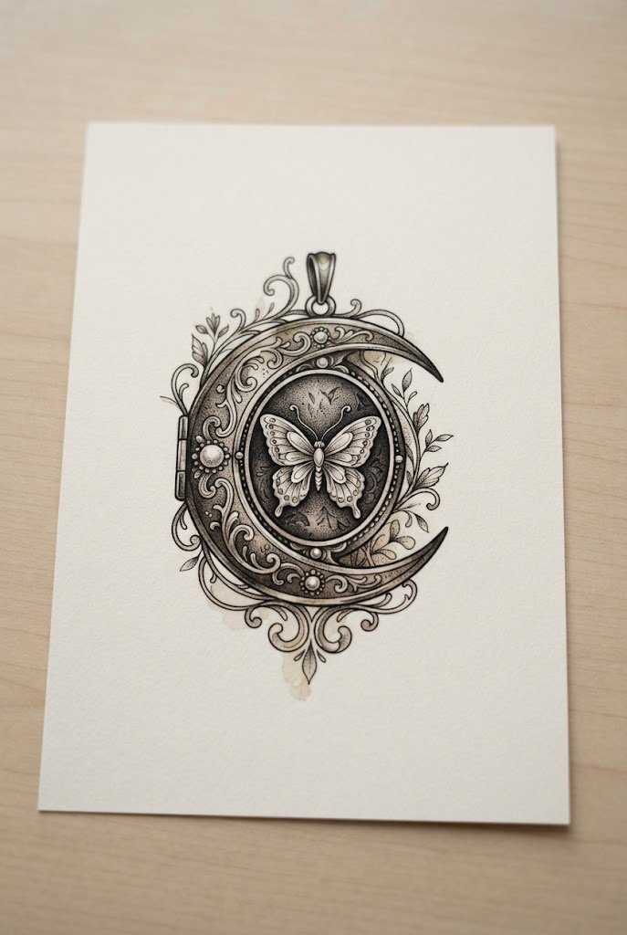 Ornate Vintage Cameo Locket — butterfly and moon tattoo style outfit