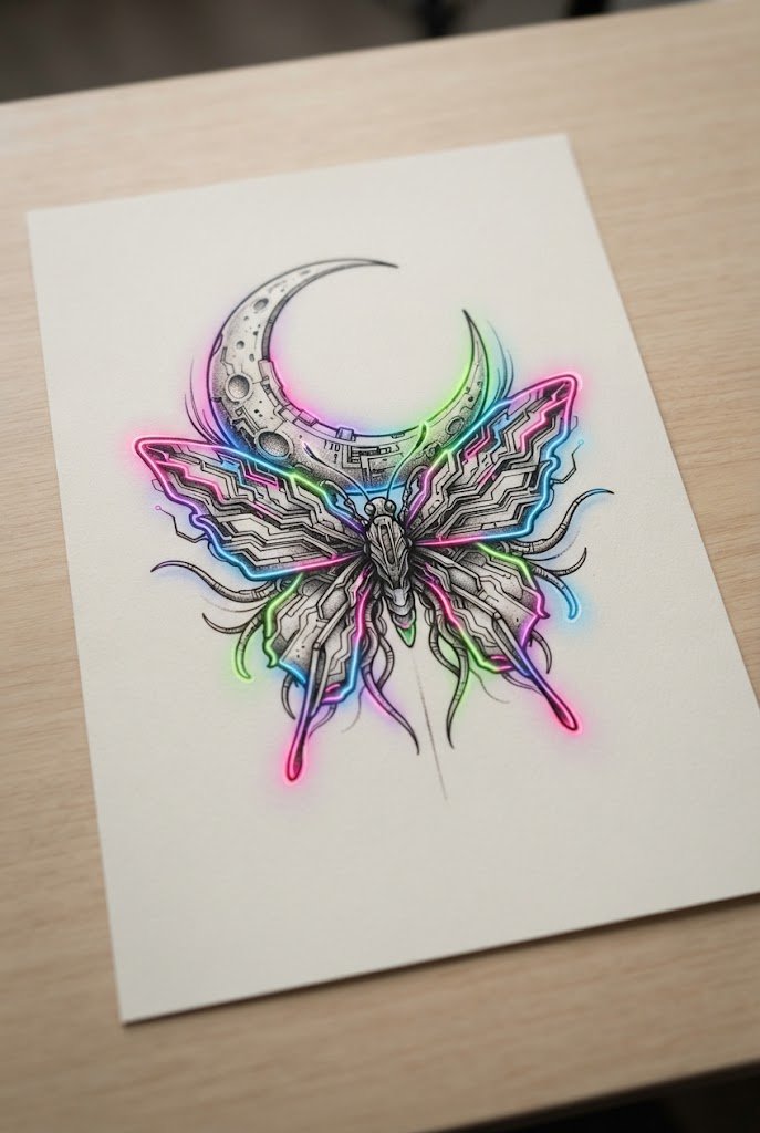 Neon Cyberpunk Glow — butterfly and moon tattoo style outfit