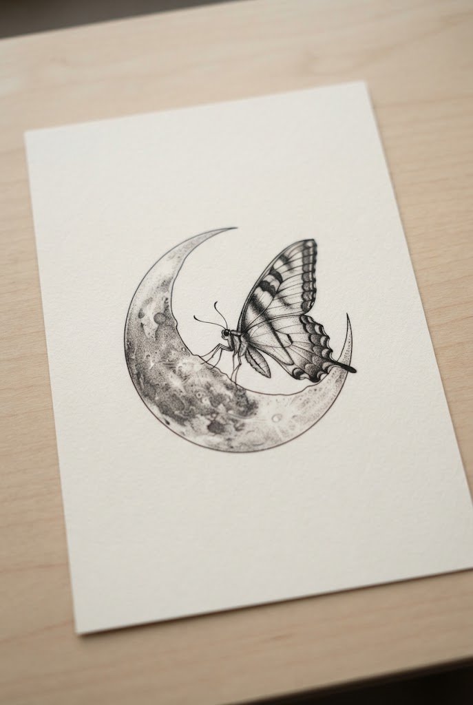 Minimalist Micro-Realism Portrait — butterfly and moon tattoo style outfit