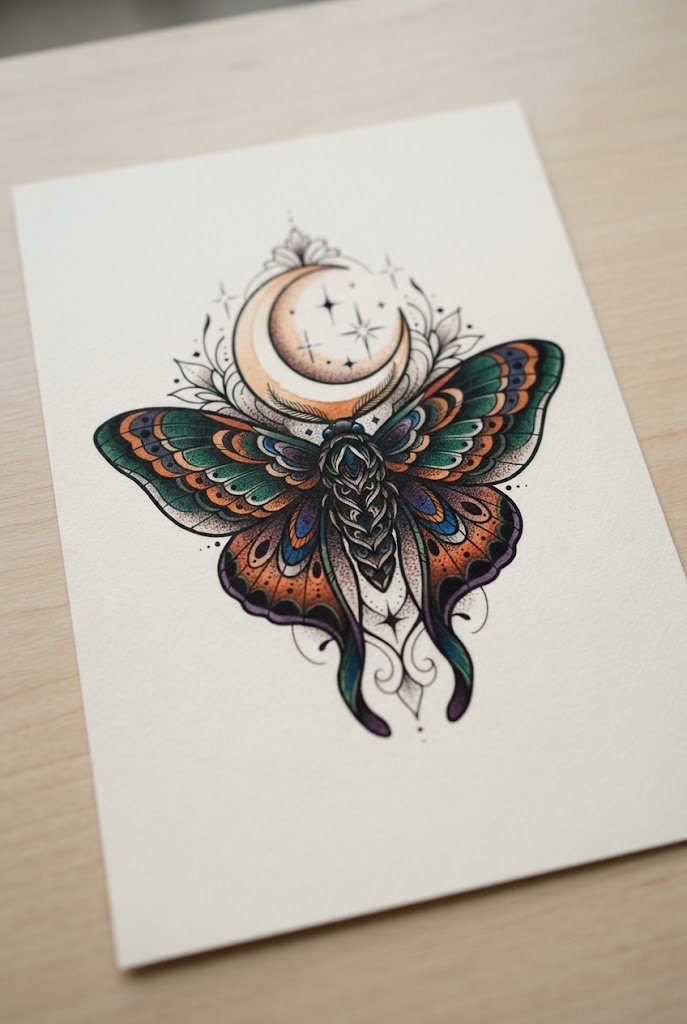 Neo-Traditional Midnight Moth — butterfly and moon tattoo style outfit