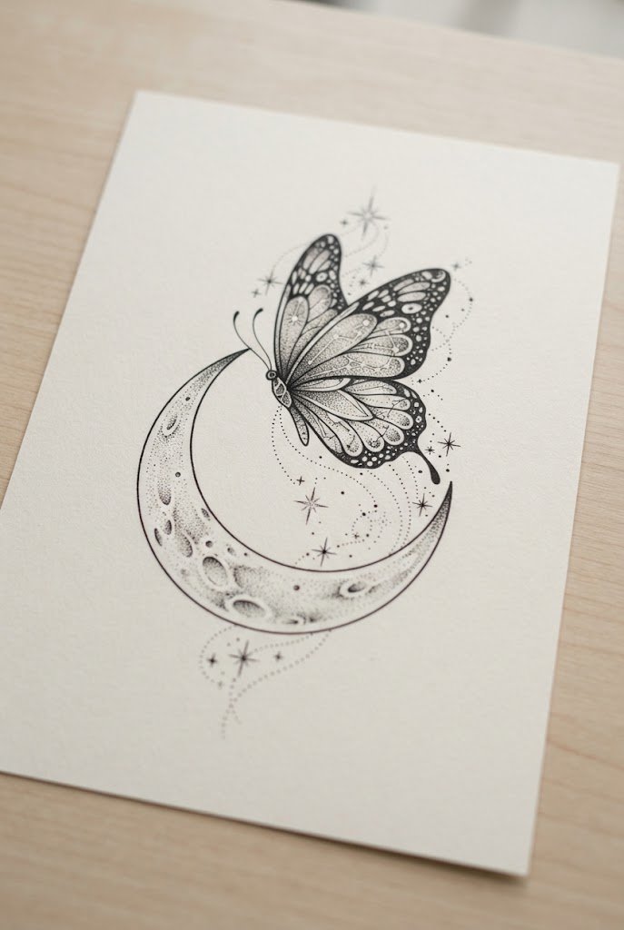Celestial Stardust Gathering — butterfly and moon tattoo style outfit