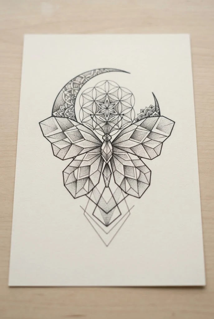 Geometric Sacred Geometry Fusion — butterfly and moon tattoo style outfit