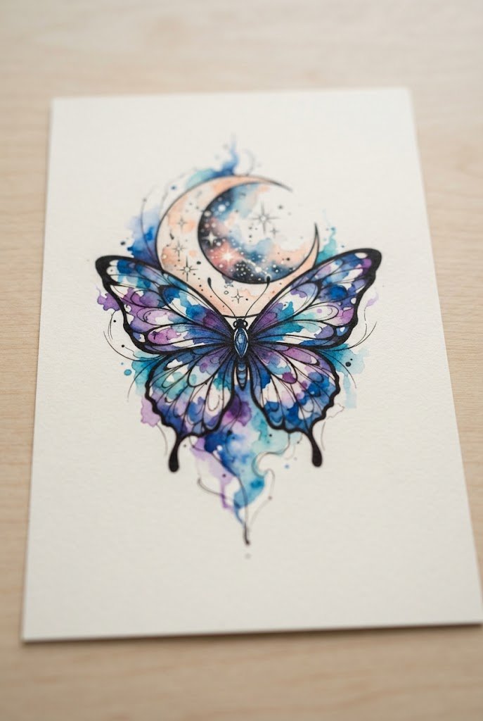 Watercolor Splash Dreamscape — butterfly and moon tattoo style outfit