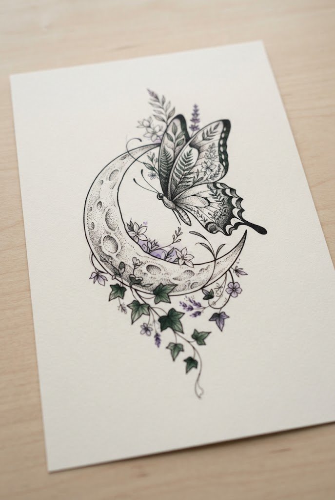 Botanical Moon Garden — butterfly and moon tattoo style outfit