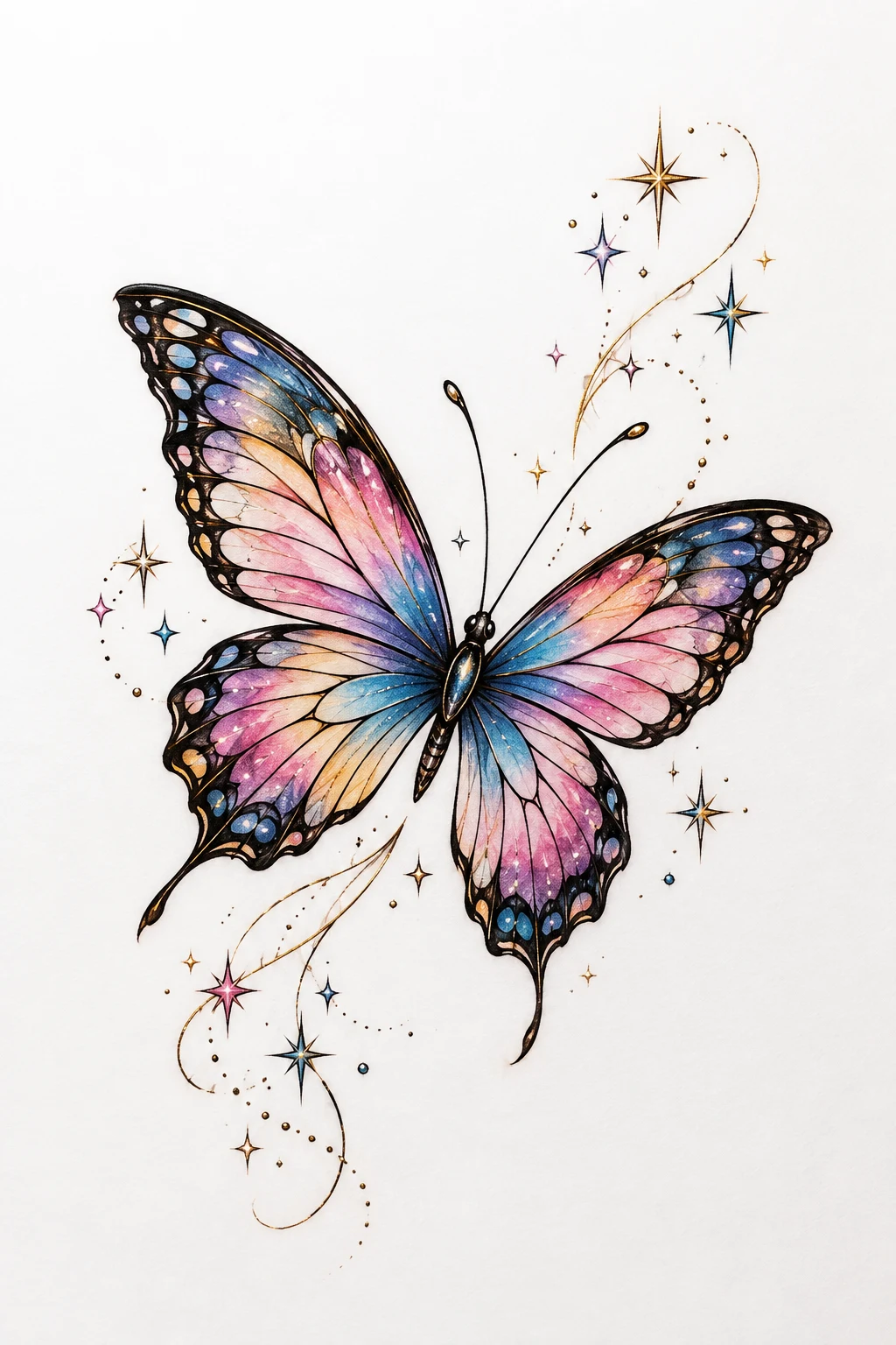 Colorful Butterfly With Tiny Stars — butterfly collar bone tattoo style outfit