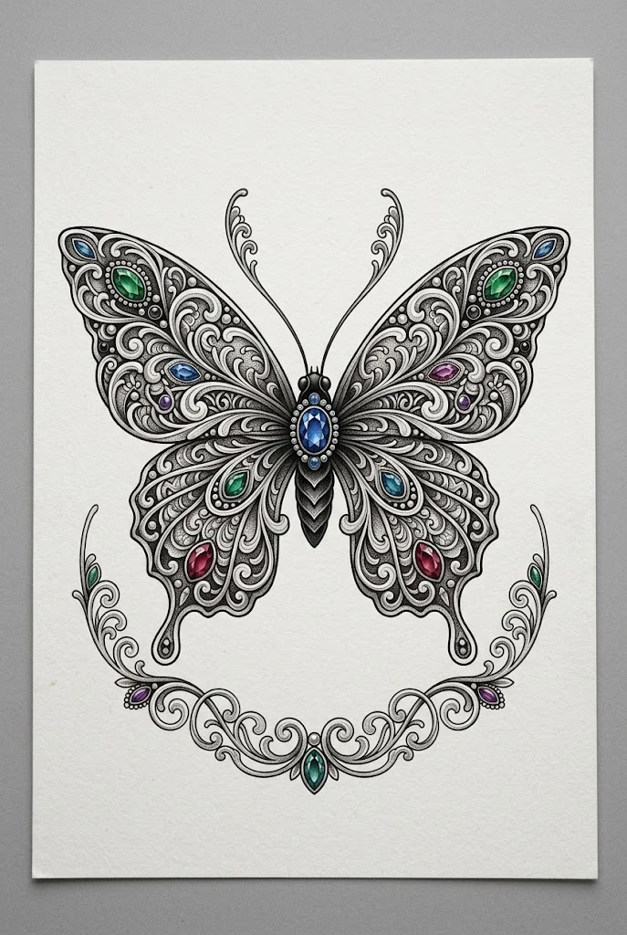 Ornamental Filigree & Jewel Frame Butterfly — butterfly coverup tattoo style outfit