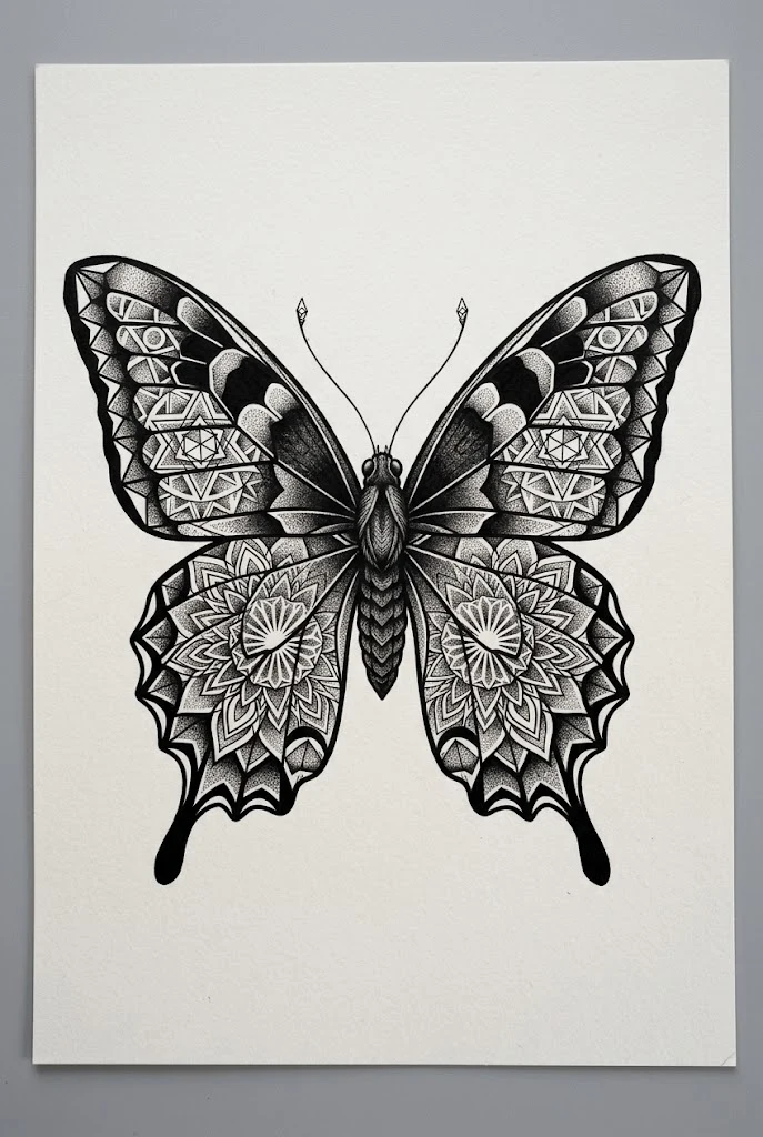 Heavy Blackwork & Geometric Mandala Butterfly — butterfly coverup tattoo style outfit