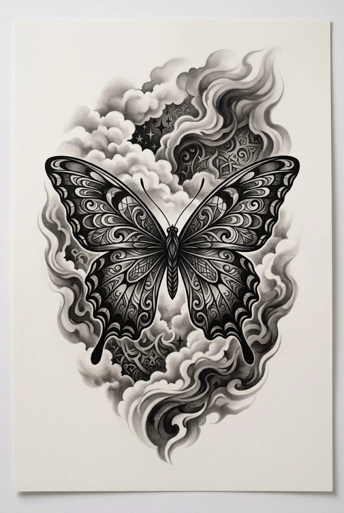 Smoky Shadow & Cloud Background Integration — butterfly coverup tattoo style outfit