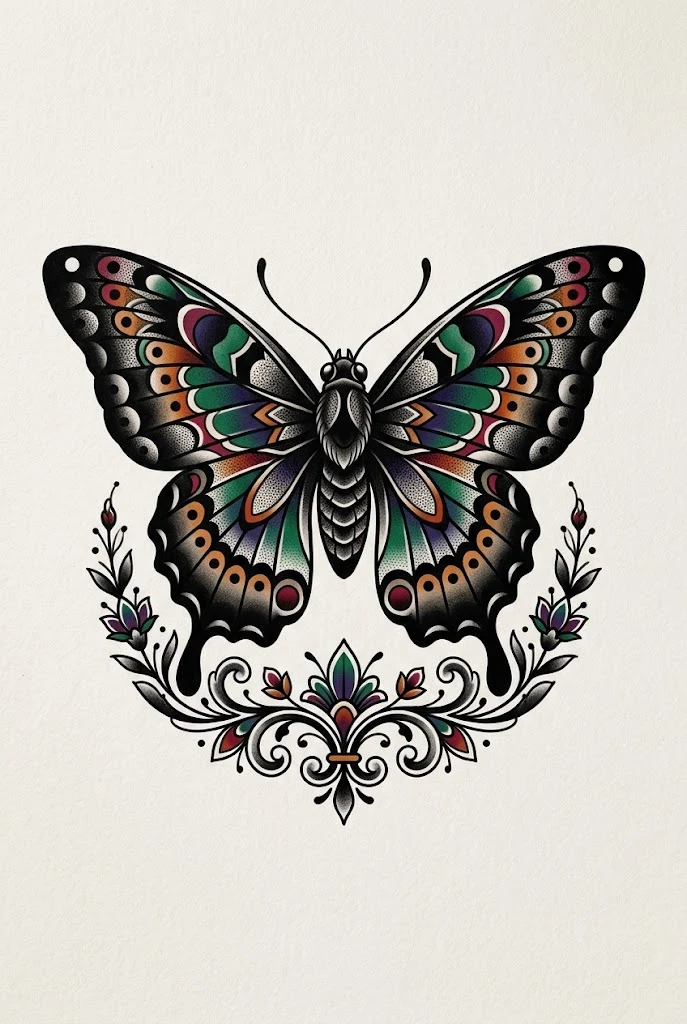 High-Contrast Neo-Traditional Butterfly — butterfly coverup tattoo style outfit