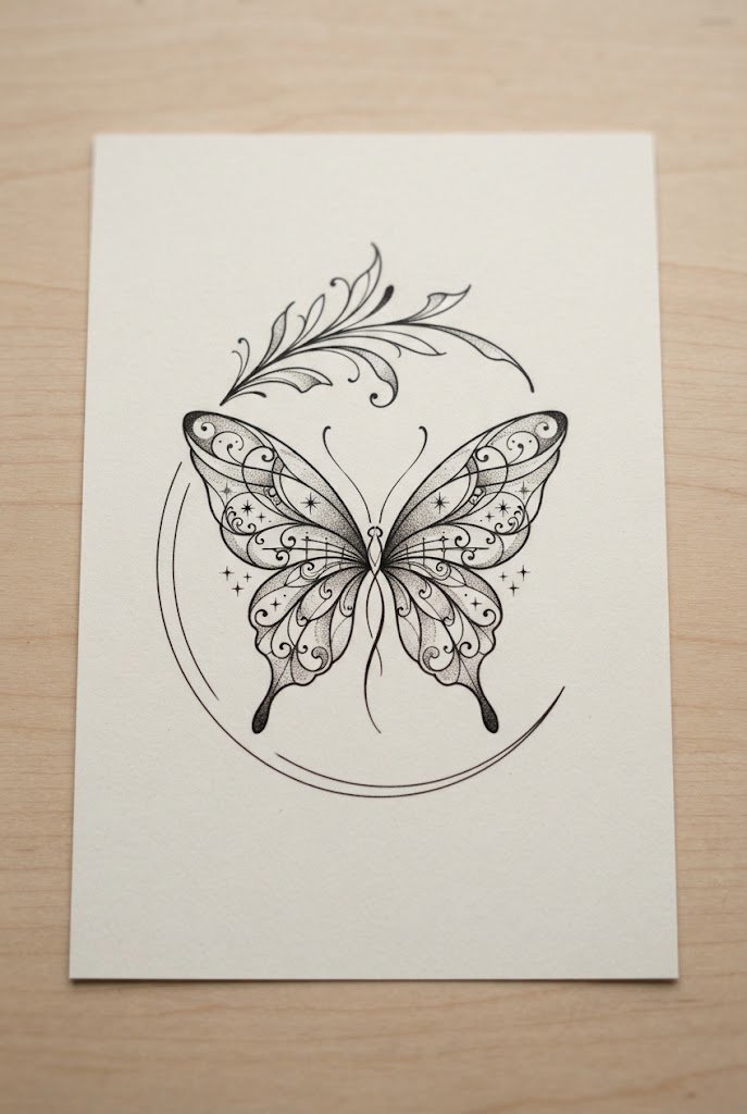 Papillon French-Inspired Linework — butterfly ear tattoo style outfit
