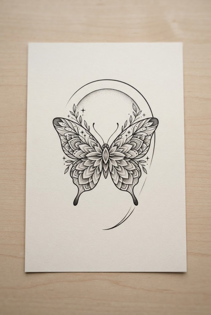 Dotwork Mandala Accent — butterfly ear tattoo style outfit
