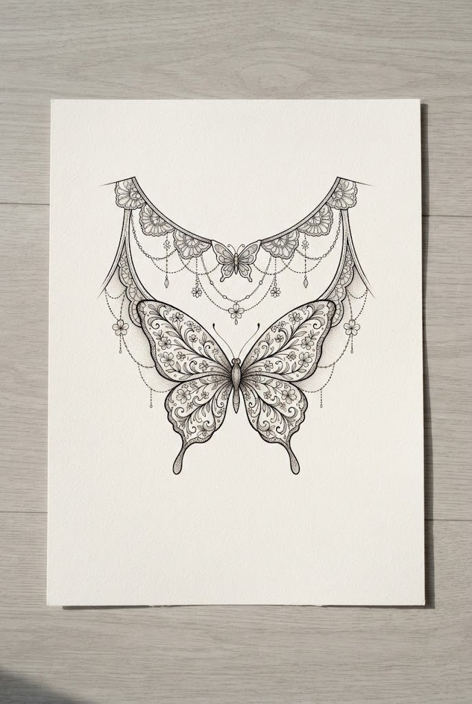 Draped Lace and Butterfly Charm — butterfly elbow tattoo style outfit