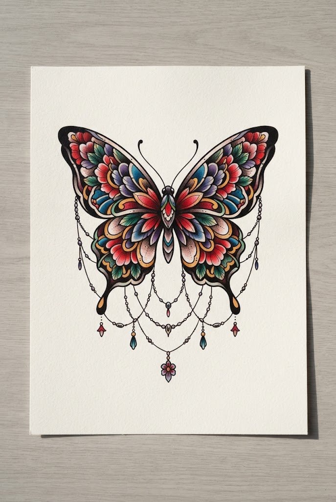 Bold Neo-Traditional Color Burst — butterfly elbow tattoo style outfit