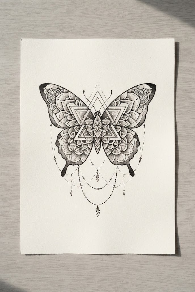 Geometric Sacred Geometry Fusion — butterfly elbow tattoo style outfit