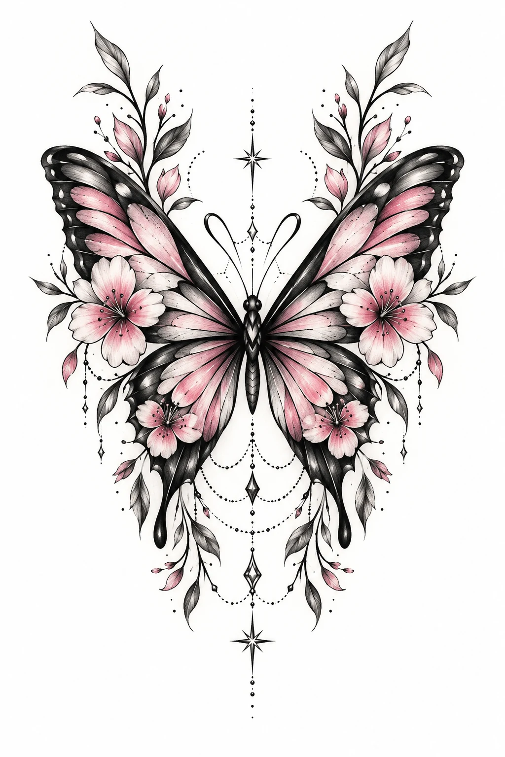 Butterfly Girl Tattoo With Floral Details — butterfly face tattoo style outfit