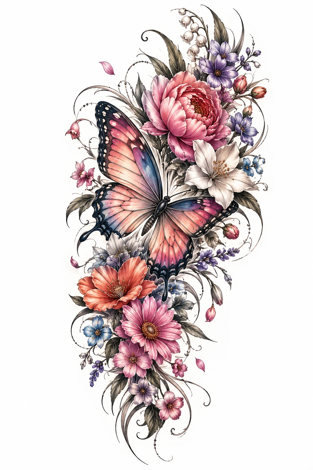 Butterfly With Birth Flowers — butterfly half sleeve tattoo style outfit