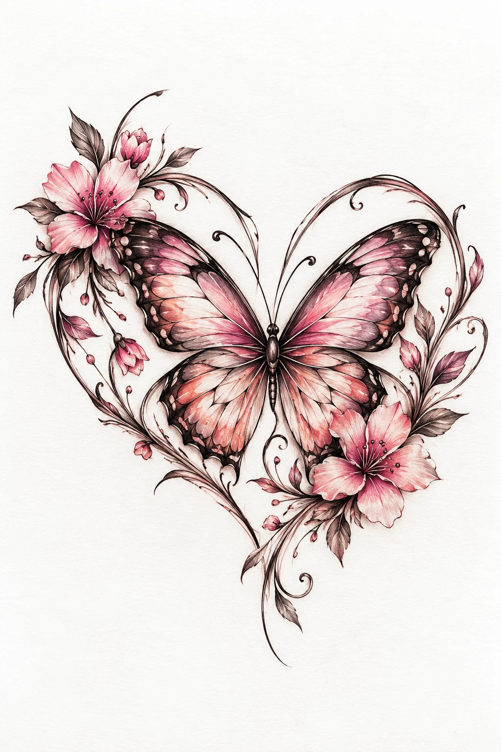 Butterfly Heart Tattoo With Floral Details — butterfly heart tattoo style outfit