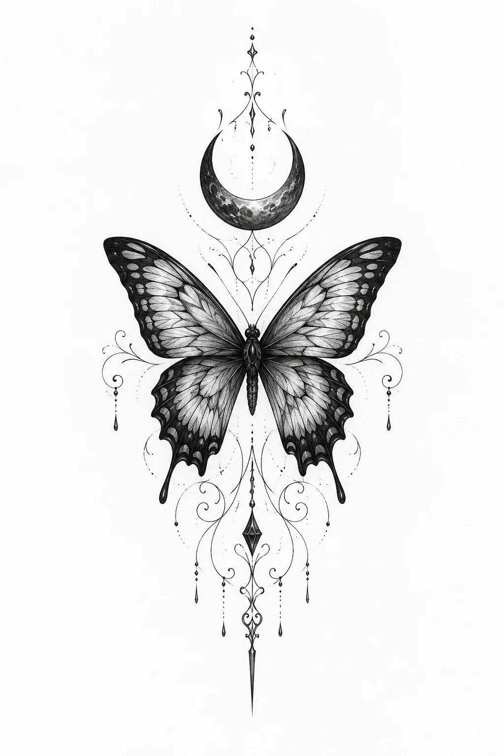 Gothic Butterfly With Crescent Moon — butterfly knee tattoo style outfit