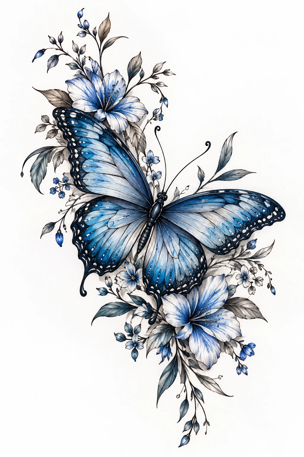 Blue Butterfly With Botanical Details — butterfly leg tattoo thighs style outfit