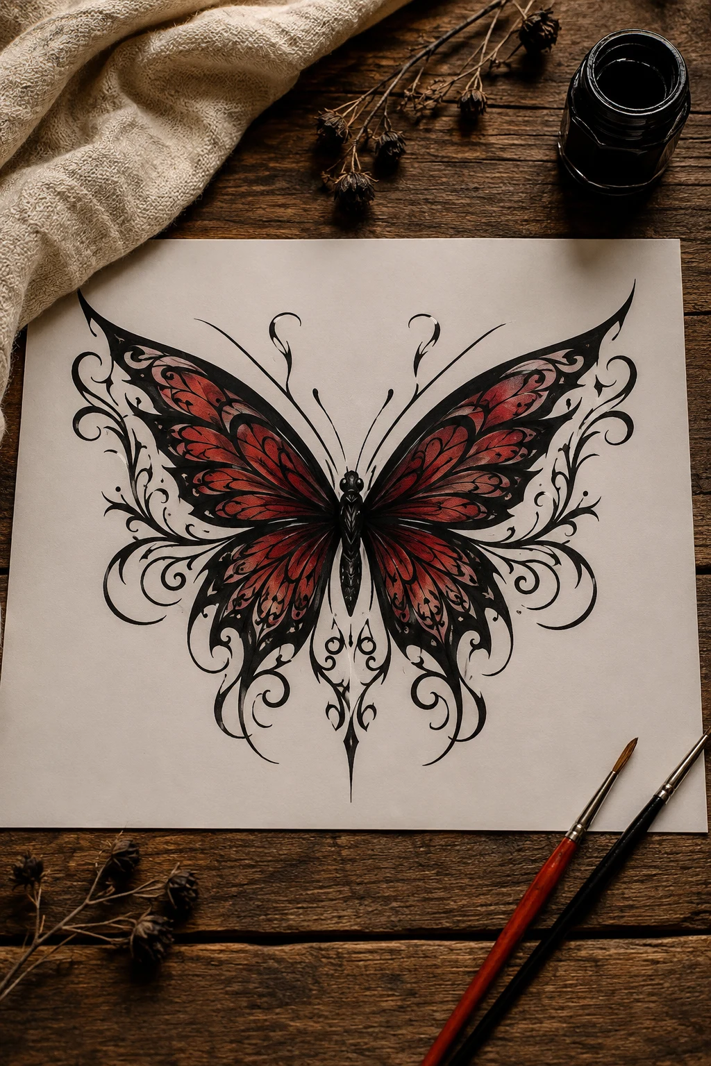 Butterfly Lower Back Tattoo With Black-and-Red Wings — butterfly lower back tattoo style outfit