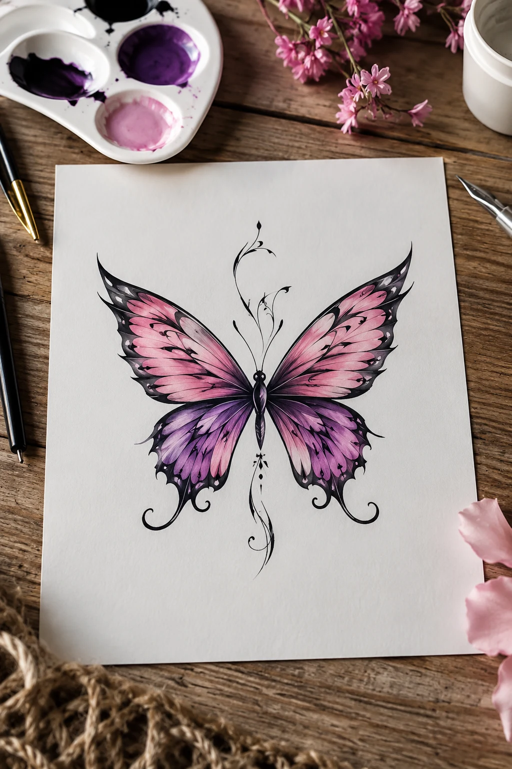 Pink-and-Purple Butterfly Lower Back Tattoo — butterfly lower back tattoo style outfit