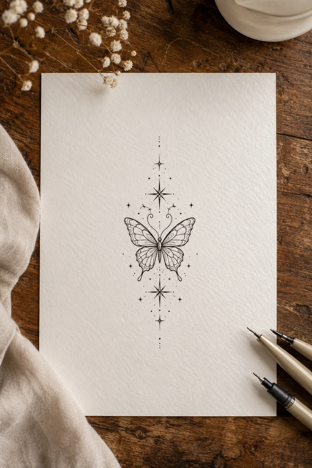 Fine-Line Butterfly With Tiny Stars — butterfly lower back tattoo style outfit